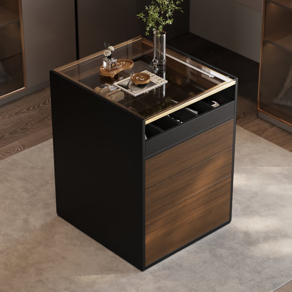 Saddle Leather 7-Dresser Walk-In Closet Island with Light & Jewelry Display window image