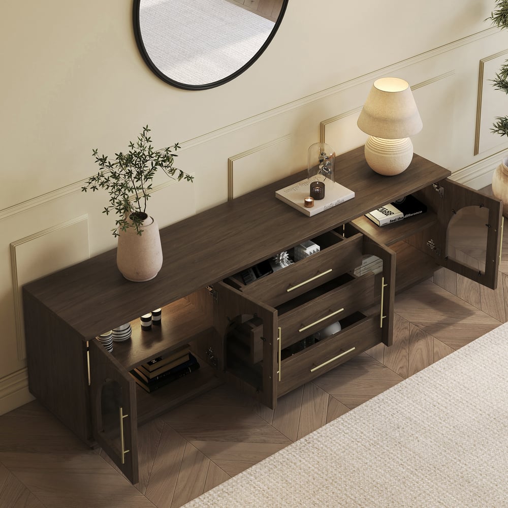 Arune 72" Arched Glass Doors Smoked Brown TV Stand with Storage and LED window image
