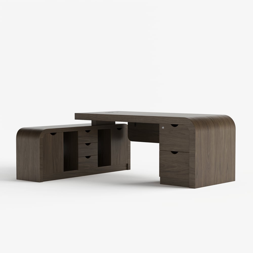 Chicent 71'' L-shaped Smoked Brown Computer Desk with Cabinet Left Hand window image