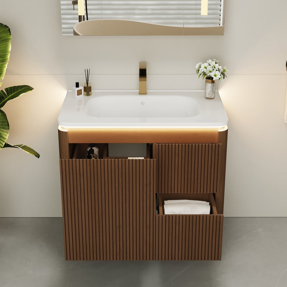 Meuble-lavabo de salle de bain flottant cannelé moderne de 81 cm avec lavabo, éclairage LED doux et grand espace de rangement image de fenêtre