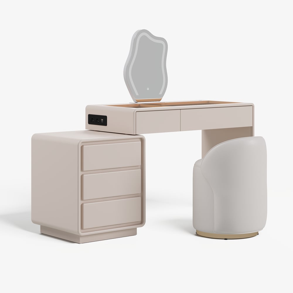 Modern Matte Warm White Makeup Vanity Set with LED Mirror and Jewelry Storage  (40"-57") window image