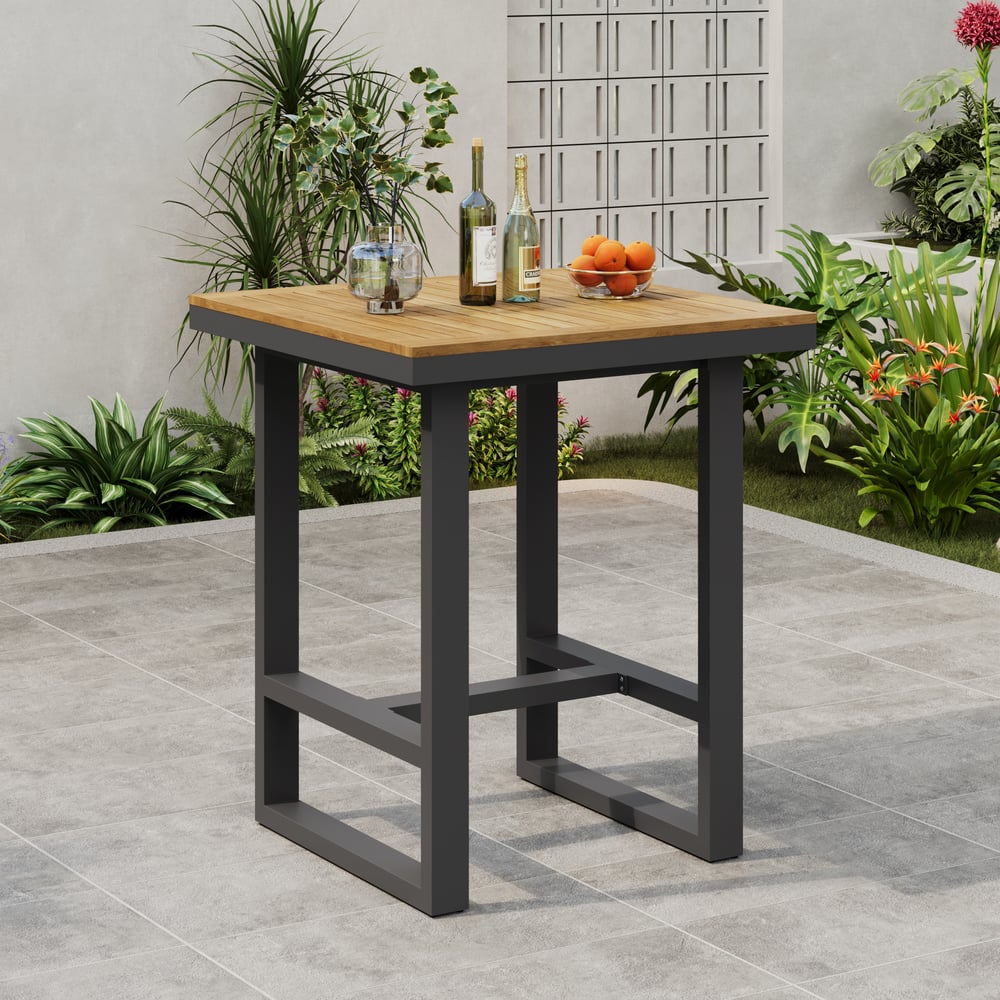 Tevara Outdoor Square Bar Table with Teak Wood Slat Top & Aluminium Frame in Dark Grey window image