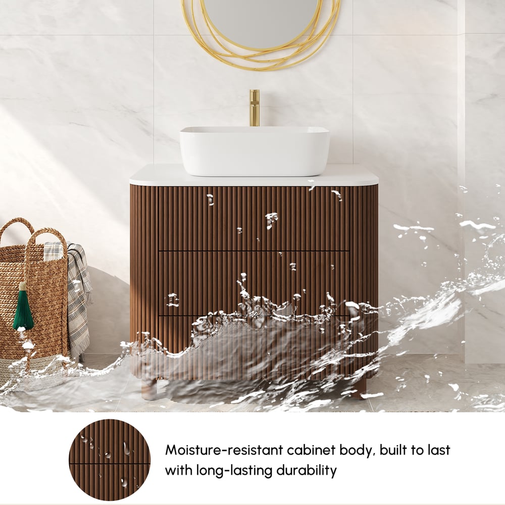 80cm Fluted Freestanding Bathroom Vanity with Vessel Sink, 3-Drawers, Sintered Stone top window image
