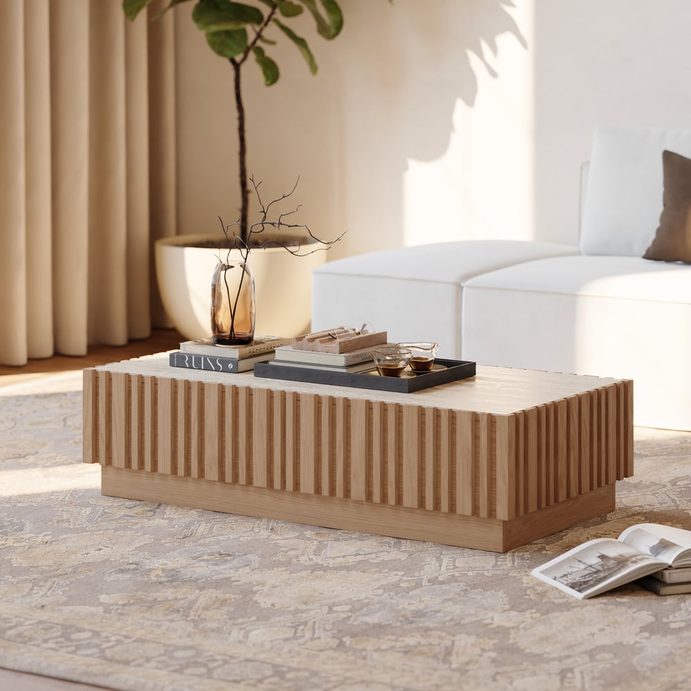 Table basse à lattes Aura 47" en bois de frêne avec plateau en pierre frittée image de fenêtre