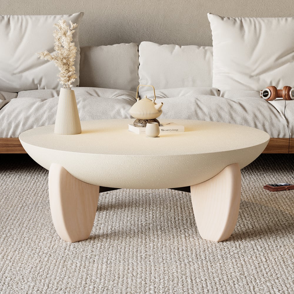 Mesa de Centro Curva Round de Betão e Nogueira com Pernas de Madeira Imagem da janela