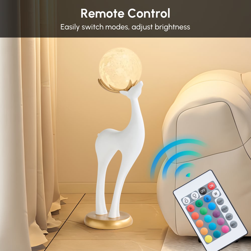 Lampadaire moderne en résine en forme de cerf avec télécommande – 76 cm de hauteur avec boule lumineuse image de fenêtre