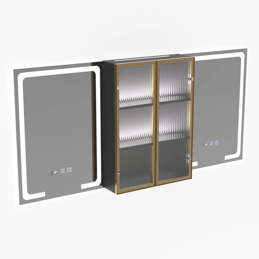 Mobile a specchio LED nero da 150 cm con vano centrale, dimmerabile a 3 colori e antiappannamento Immagine della finestra