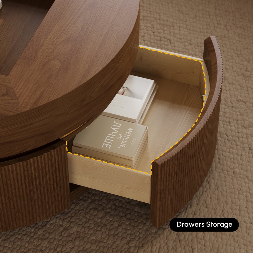 Table basse ronde en noyer à plateau relevable cannelé de 32 pouces avec 2 tiroirs image de fenêtre