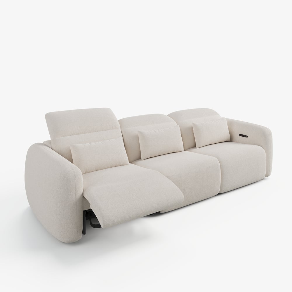 Canapé inclinable électrique 3 places de 312cm en chenille avec gravité zéro, coussins et port USB image de fenêtre
