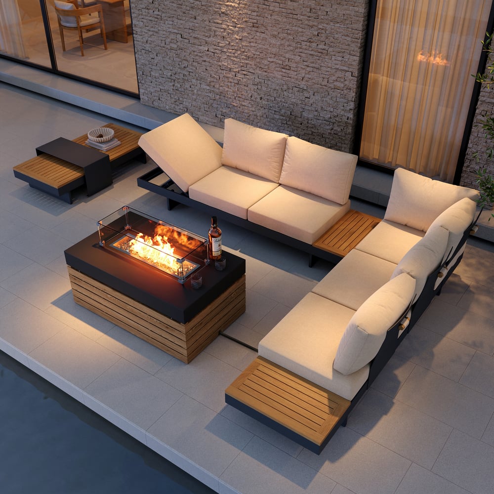 Tevara 5-Pieces Modular Teak Outdoor Sofa Set with Smokeless Fire Pit for 6 in Beige window image