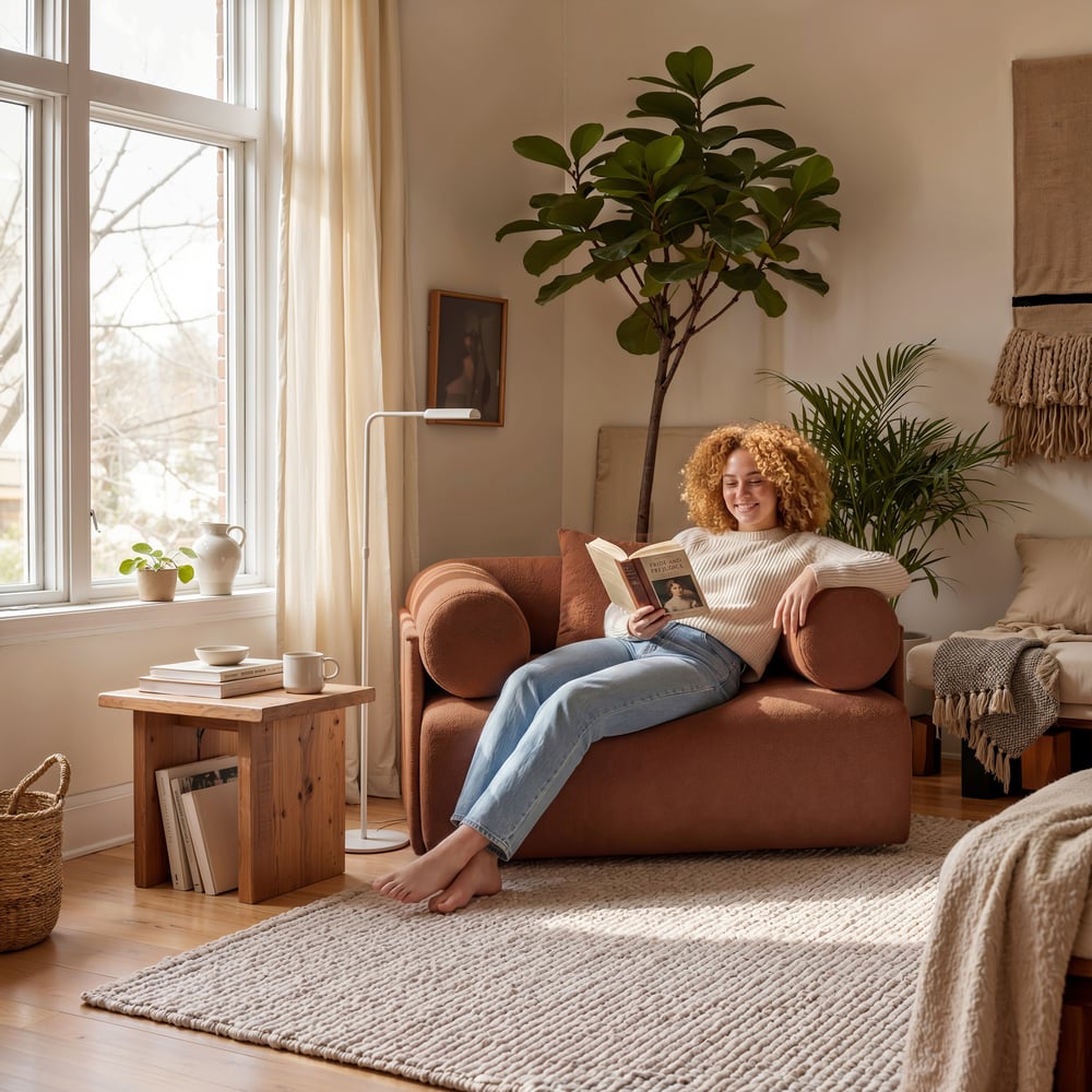 Serene Modern Rust Velvet Lounge Accent Chair window image