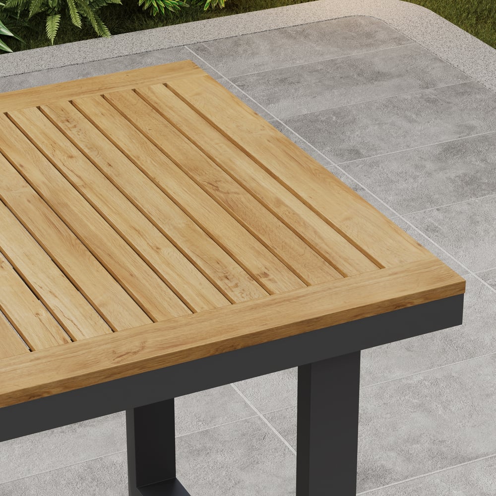 Tevara Outdoor Square Bar Table with Teak Wood Slat Top & Aluminium Frame in Dark Grey window image