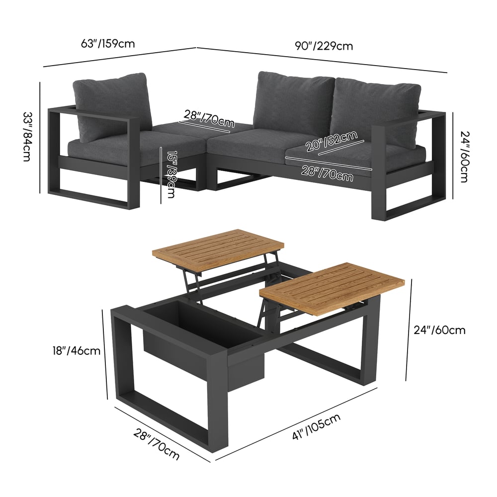 Slatera 4-Pieces Modular Outdoor Sofa Set Aluminum & Acacia for 4 Person in Light Gray weights dimensions image