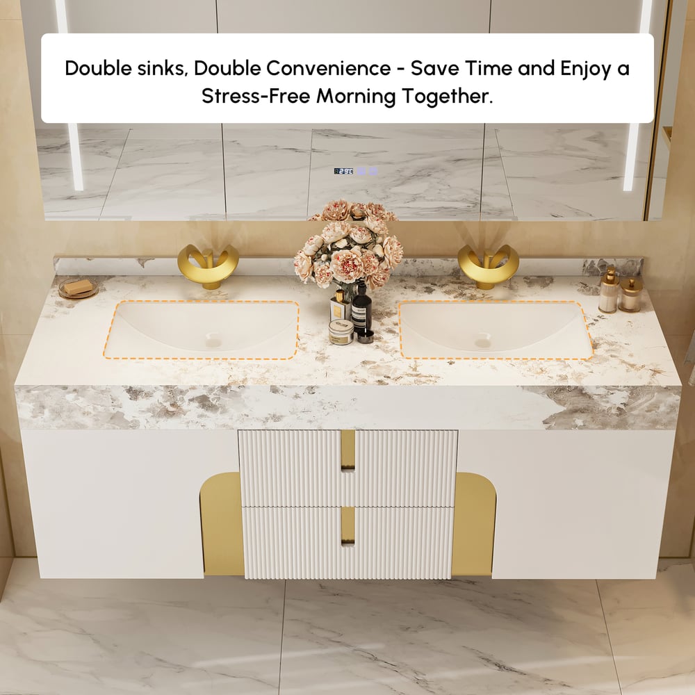 Artis 152 cm Meuble de salle de bain flottant double vasque avec plateau en pierre frittée image de fenêtre