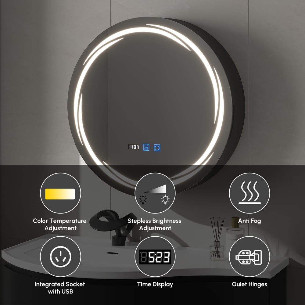 60cm Runder Schwarzer LED-Spiegelschrank mit Stauraum, Beschlagfrei, Dimmbar Schaufensterbilder
