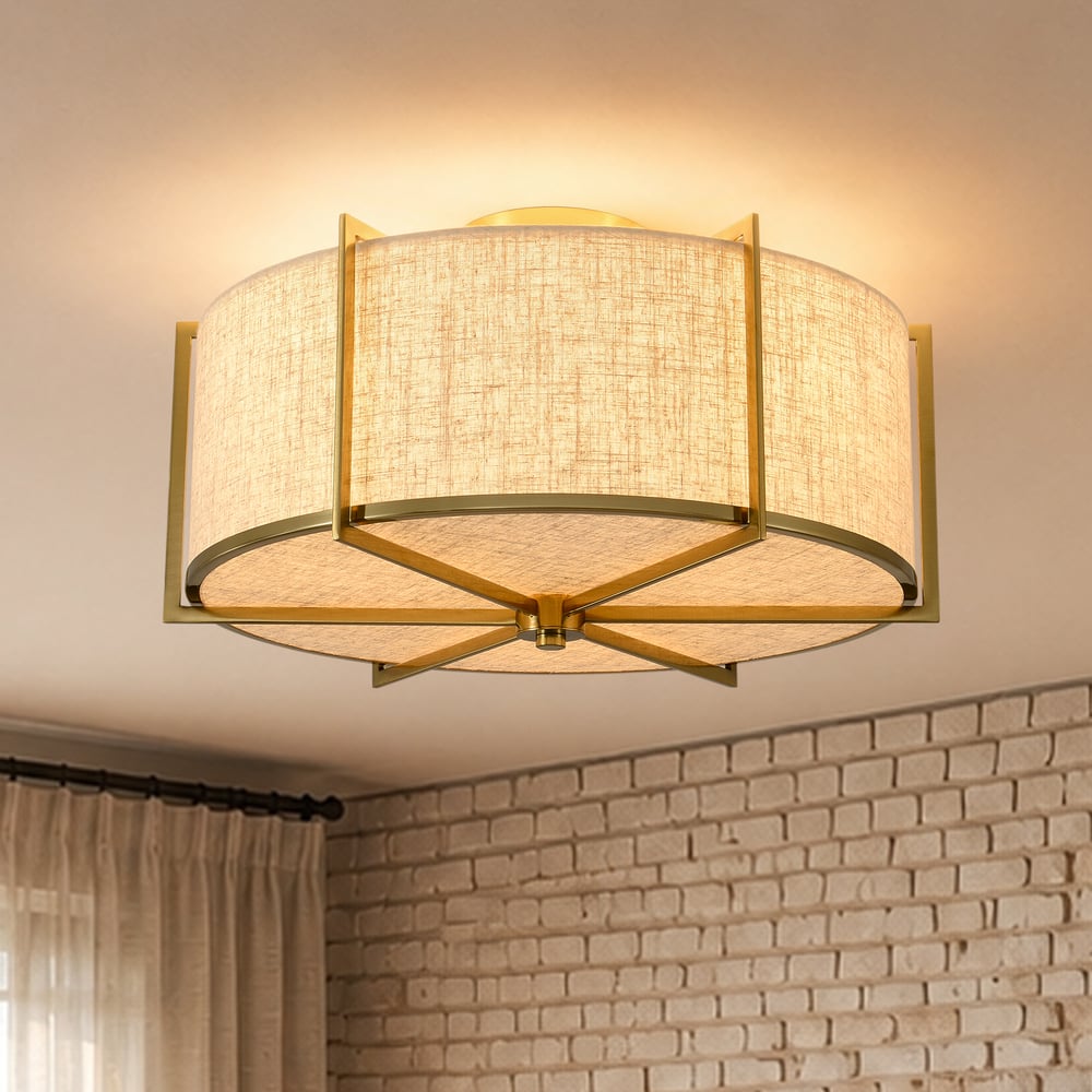 18" Linen Flush Mount Light in Gold Finish, 3-Light window image