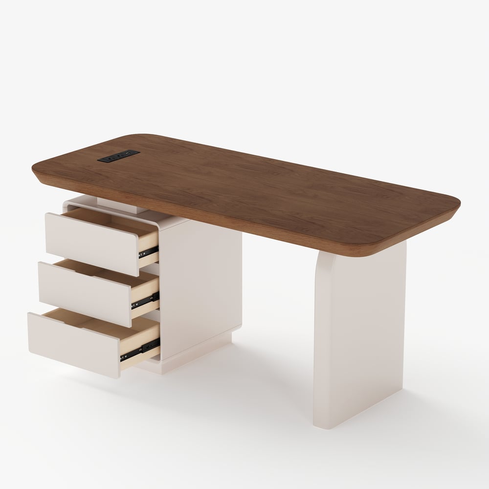 Modern 63” Rectangular Walnut Wood Desk with charging station & storage window image