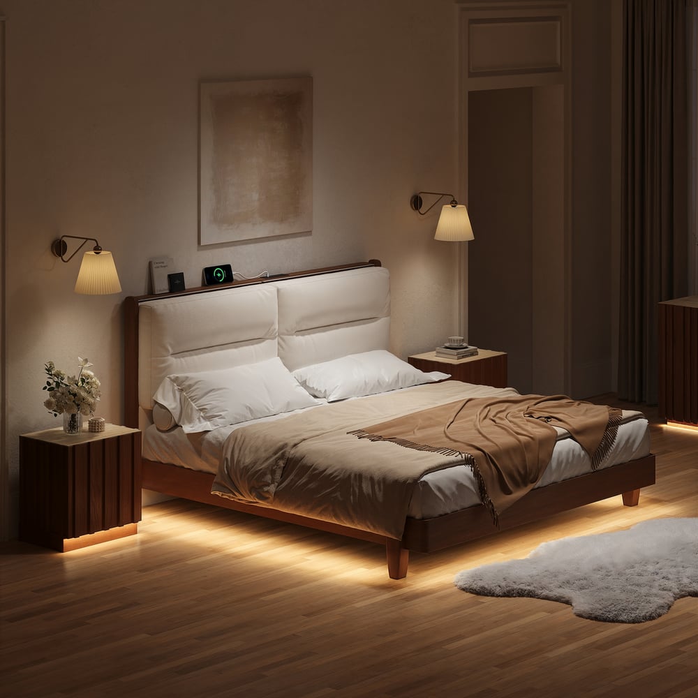 Mid-Century Modern King Solid Wood Bed with Charging Station and Sensor LED window image