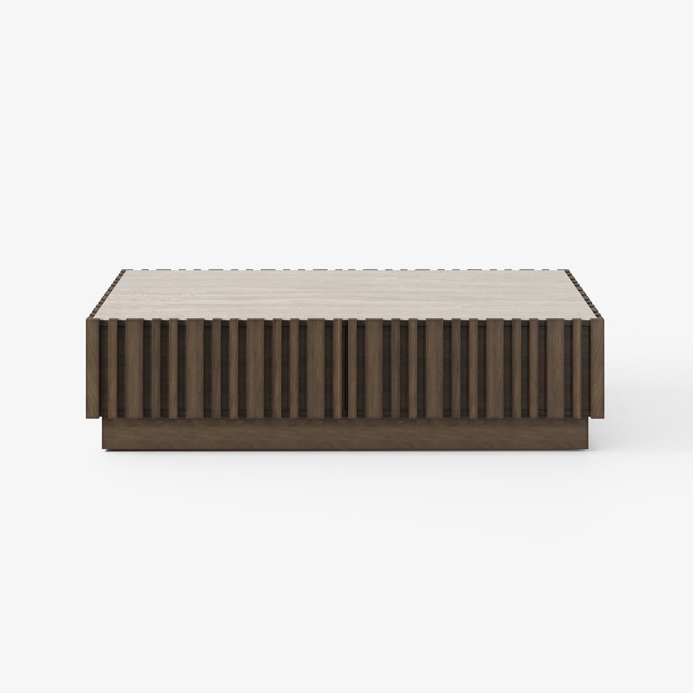 Aura 47" Ash Wood Slatted Coffee Table with Sintered Stone Top window image