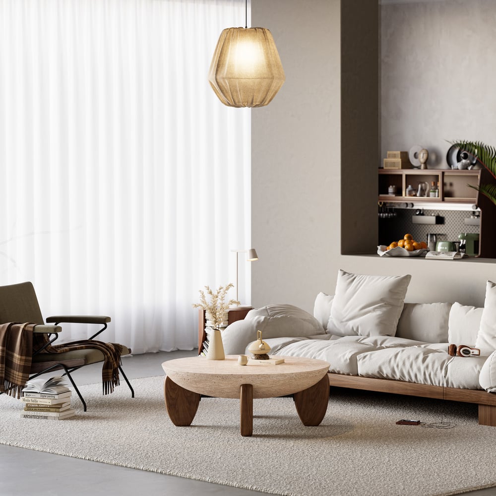 Table basse Curva ronde 94 cm en béton noyer avec pieds en bois image de fenêtre