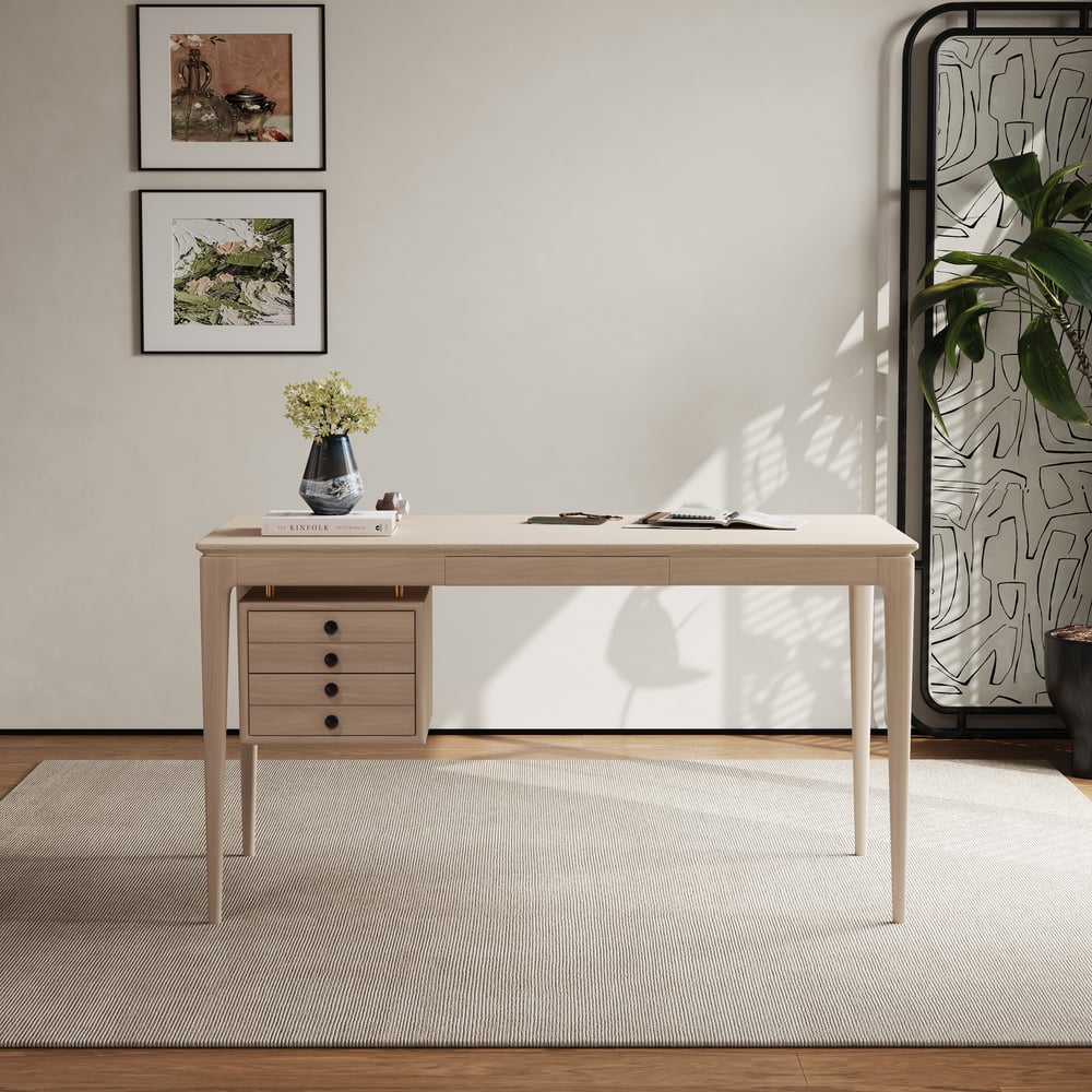 Mid-century Style Whitewash Ash Wood Home Office Desk with 3 Drawers (55.1") window image