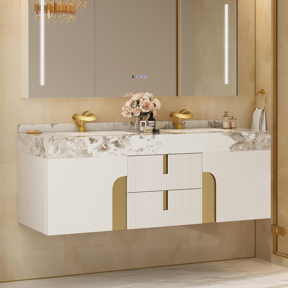 Artis 152 cm Meuble de salle de bain flottant double vasque avec plateau en pierre frittée image de fenêtre