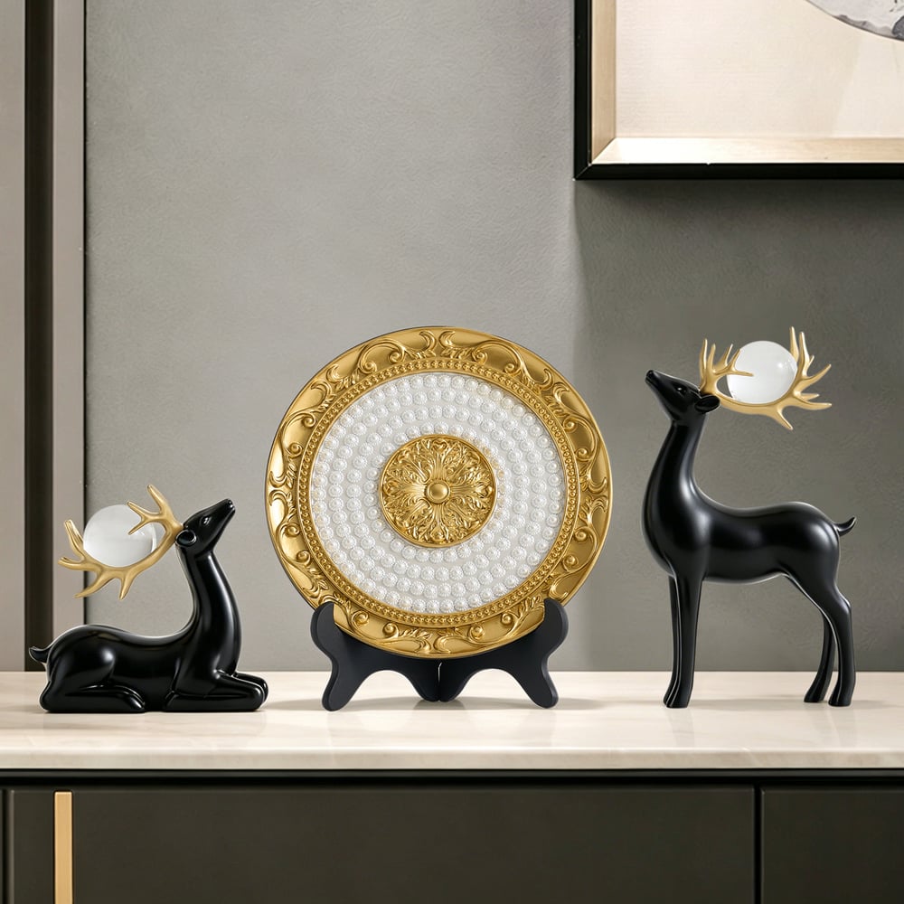 3PCS Black Deer Figurine with Decorative Plate Set Luxury Resin Animal Sculptures window image