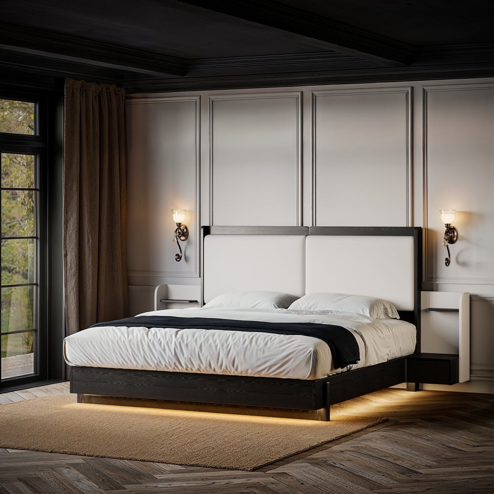 King Solid Wood Bed with Leather Extended Headboard & Floating Smart Nightstand Set window image