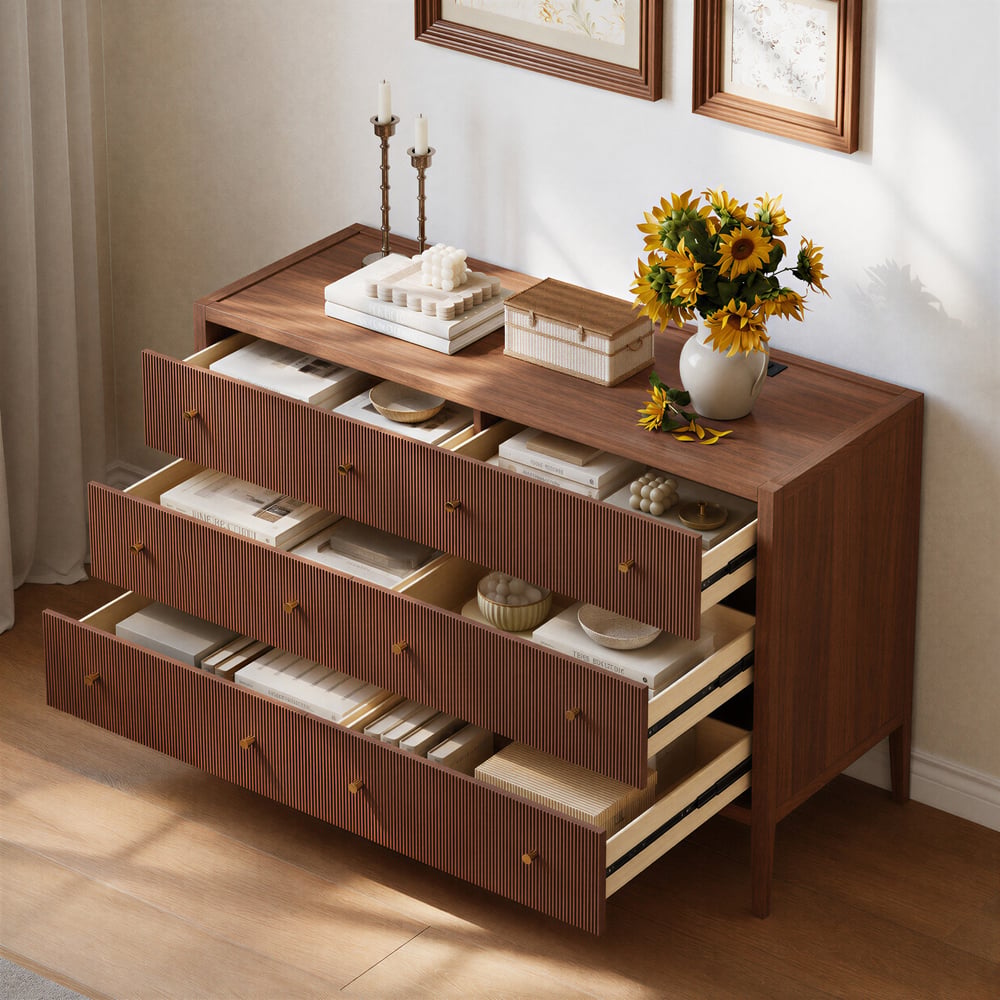 Stria 47" Fluted Natural 6-Drawer Dresser with Charging Station window image