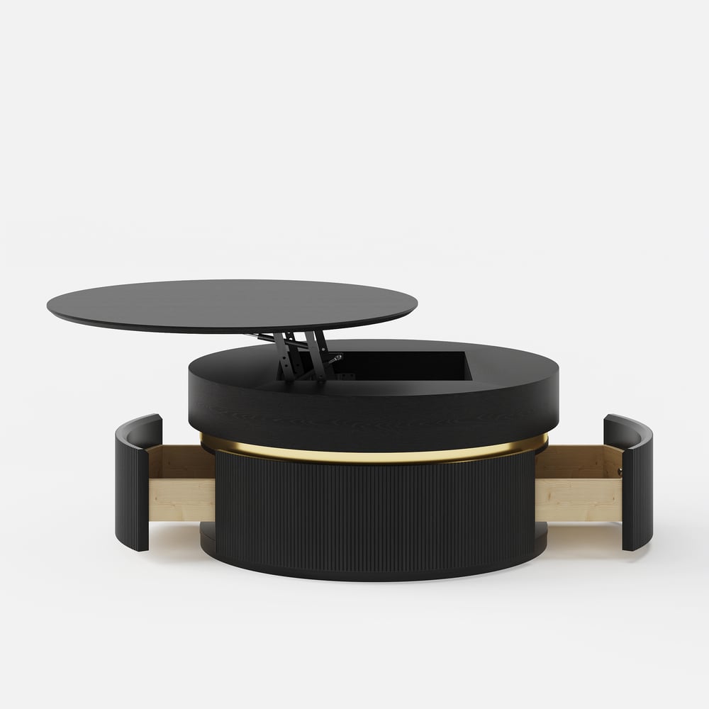 Table basse ronde à plateau relevable cannelé de 32 pouces avec 2 tiroirs image de fenêtre