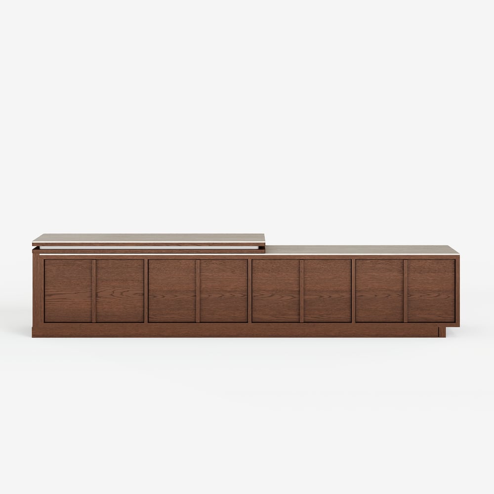 71"-108" Extendable Walnut TV Stand with Sintered Stone Top & Cabinets window image