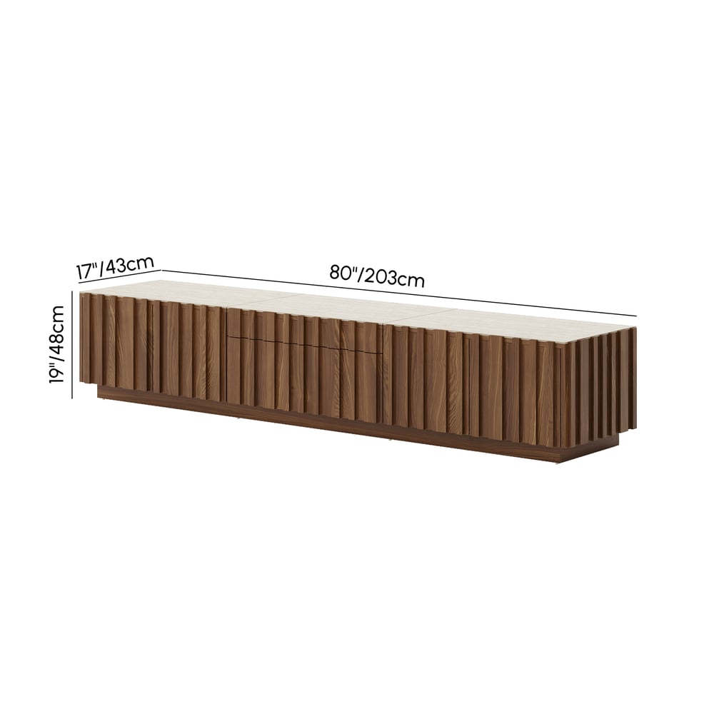 Aura 80" Ash Wood Fluted Walnut Projector TV Stand with Sintered Stone Top weights dimensions image