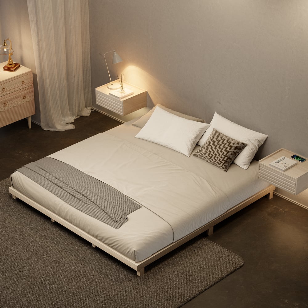 Japanese Style Queen Floor Wood Bed in Whitewash window image