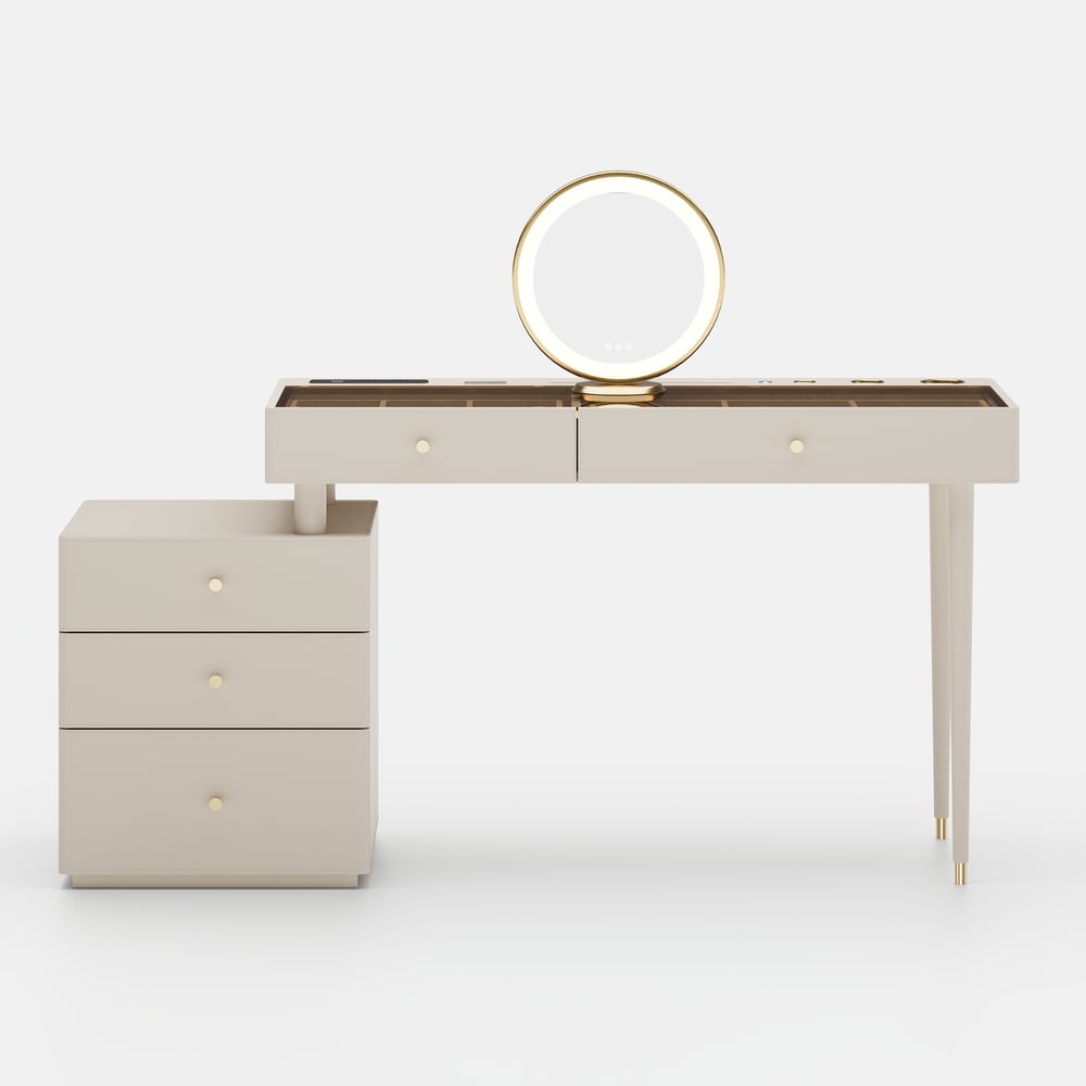 Selva Oatmeal Saddle Leather LED-Makeup Vanity Set with Charing Station and Mirror window image