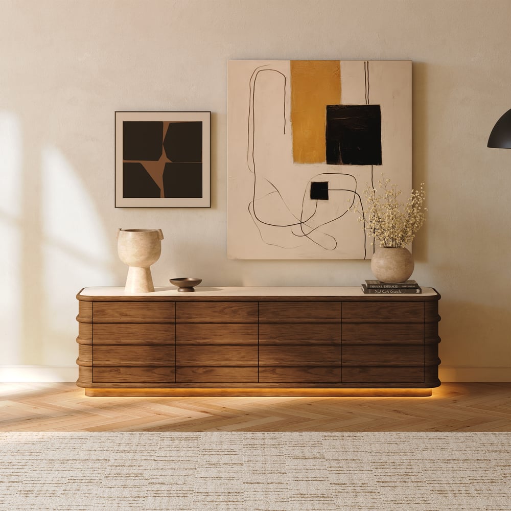 Meuble TV 80" en frêne et noyer avec plateau en pierre frittée, tiroirs et LED image de fenêtre