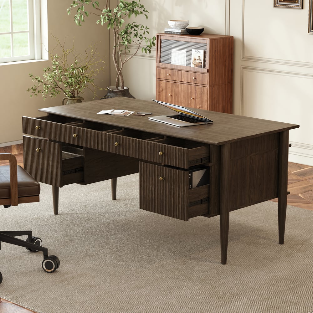 64" Houten bureau met 6 laden Vensterafbeelding