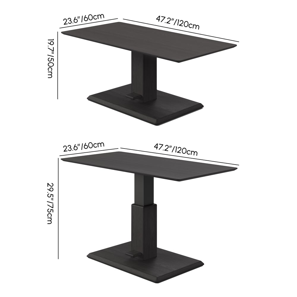 Table basse moderne de 119 cm en placage de bois noir, réglable en hauteur avec commande au pied Poids, dimensions, image
