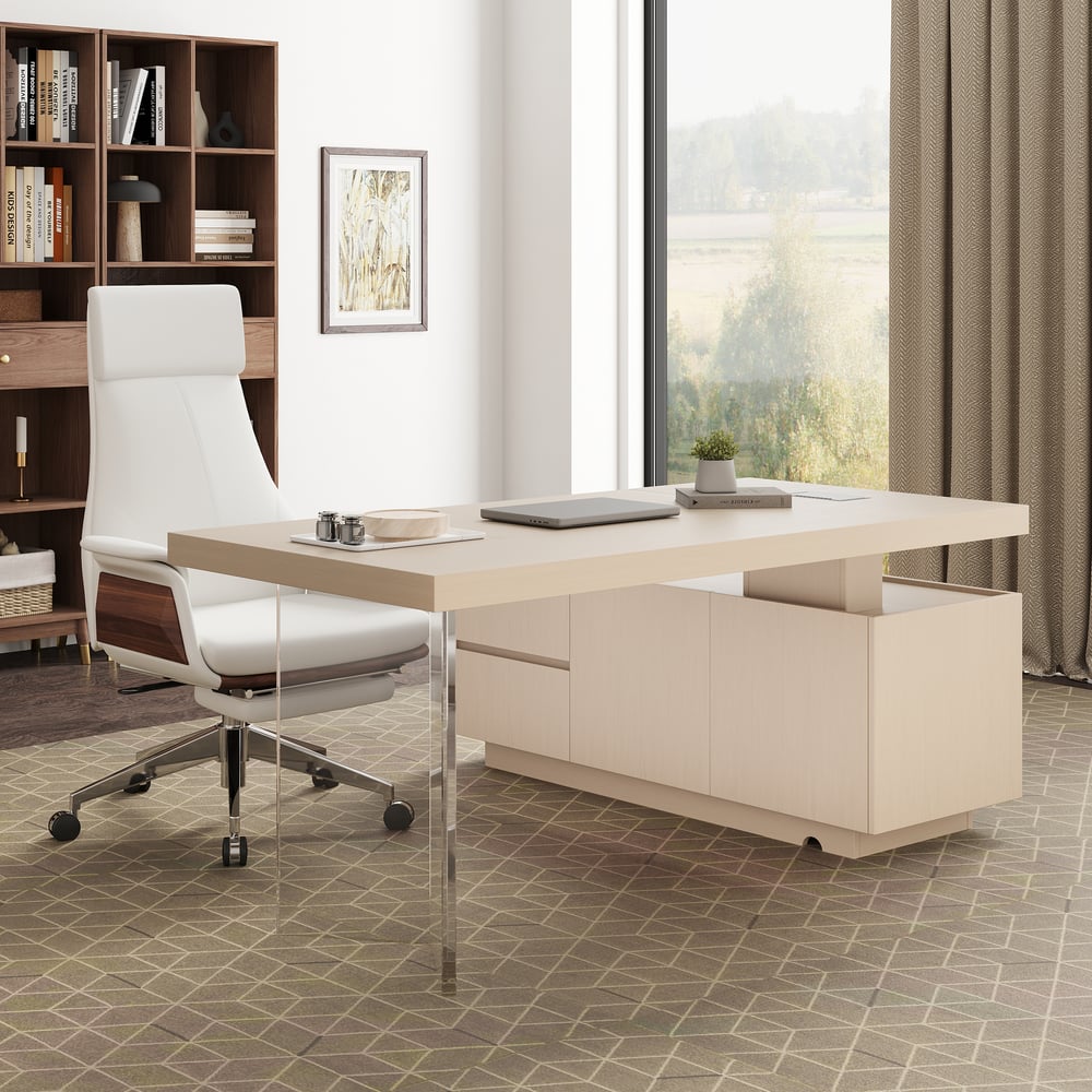 Modern 72" L-Shape Whitewash Standing Executive Desk with Lifter Desktop Left Hand window image