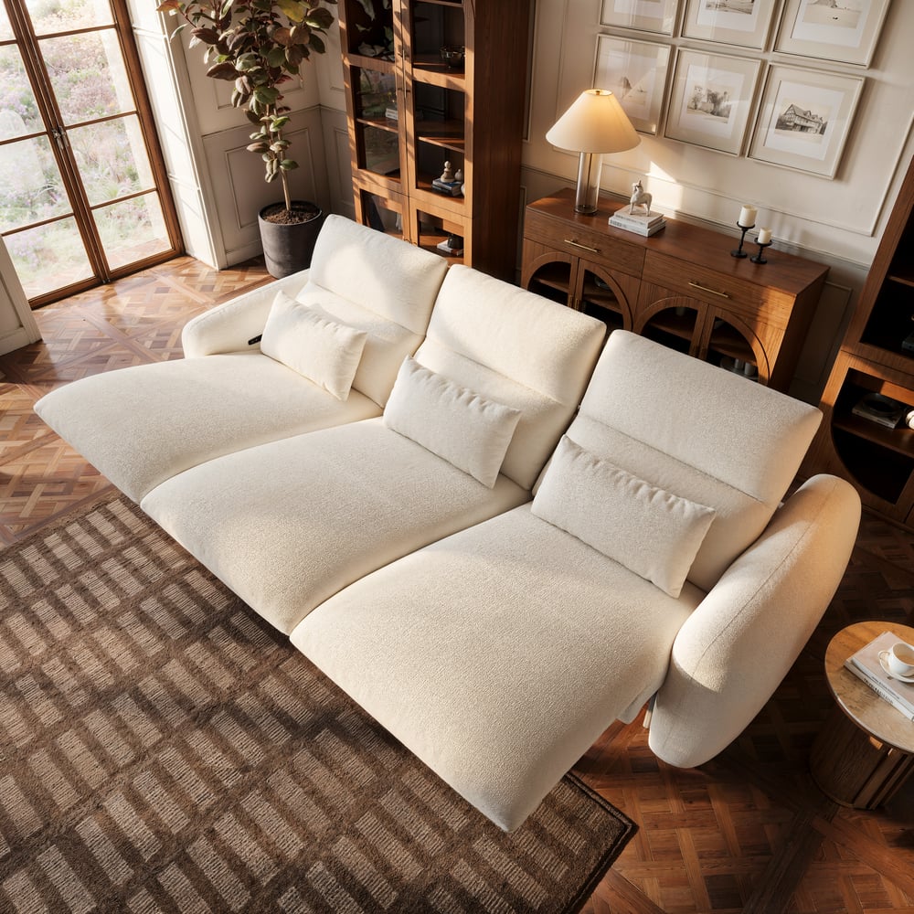 Canapé inclinable électrique 3 places de 312cm en chenille avec gravité zéro, coussins et port USB image de fenêtre