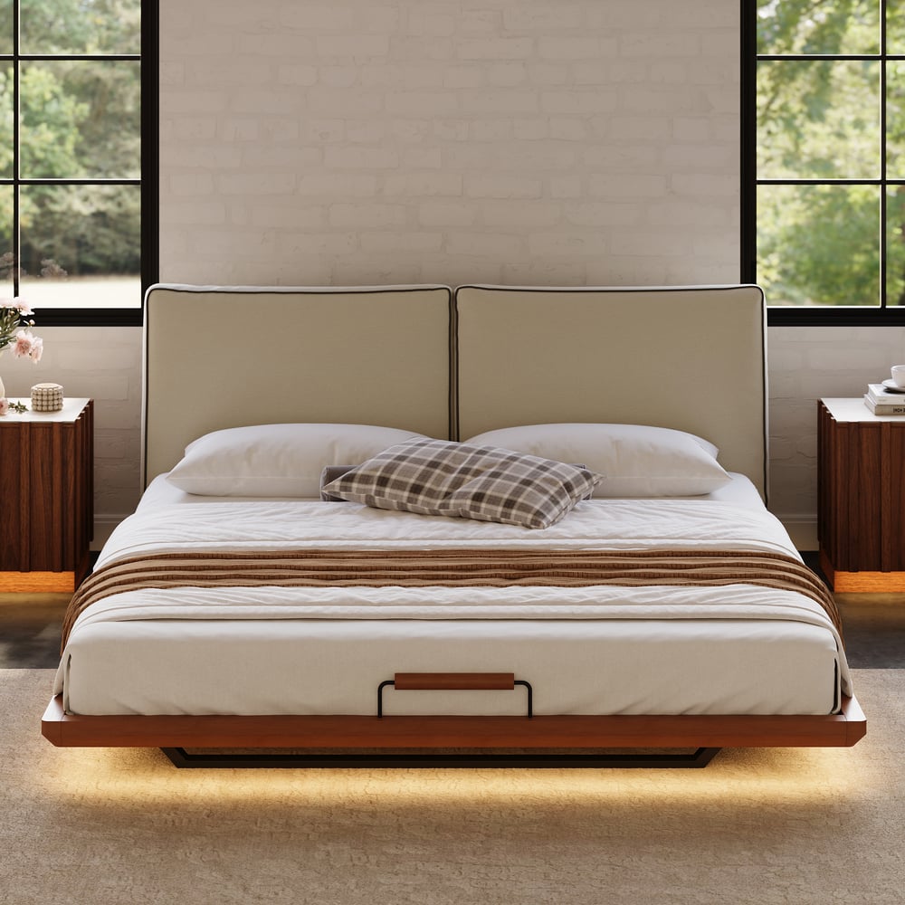 Japanese Style Solid Wood King Floating Bed with Headboard & Light window image