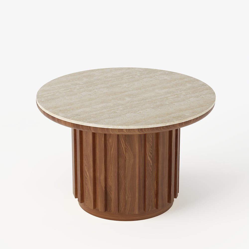 Table basse ronde à lattes en bois de frêne Aura avec plateau en pierre frittée image de fenêtre