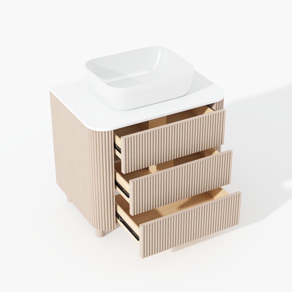 80cm Fluted Freestanding Bathroom Vanity with Vessel Sink, 3-Drawers, Sintered Stone top window image