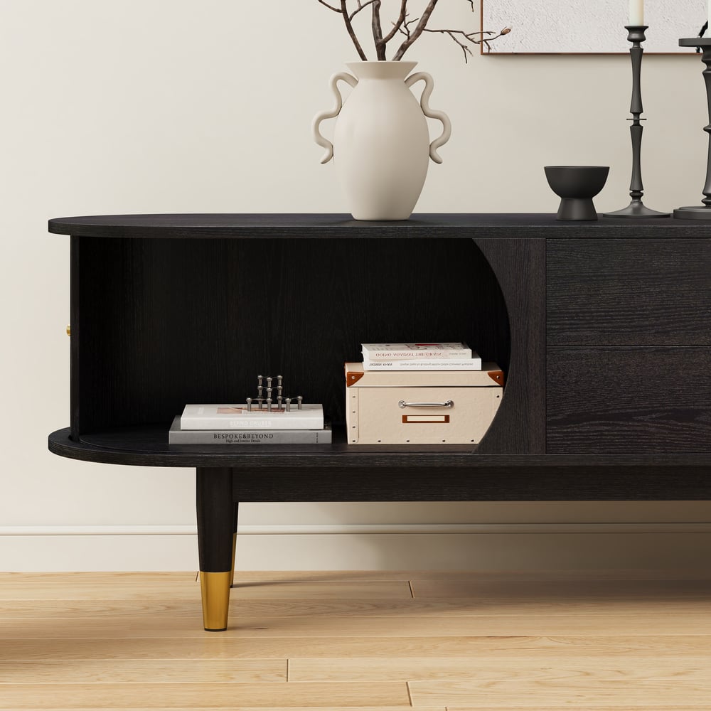 80" Ash Wood Fluted Black TV Stand with Storage window image