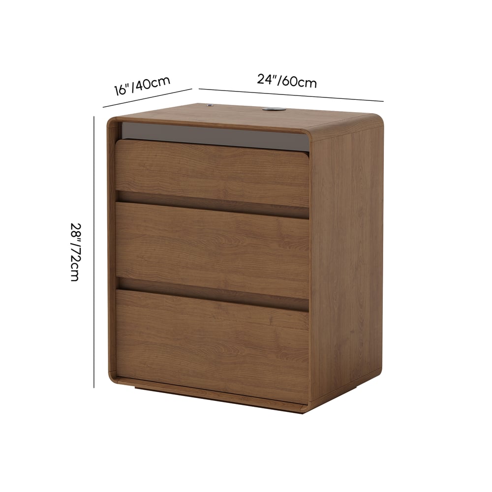 Meloa 24" Wooden 3-Drawer Smart Nightstand With LED Lighting & Charging Station weights dimensions image