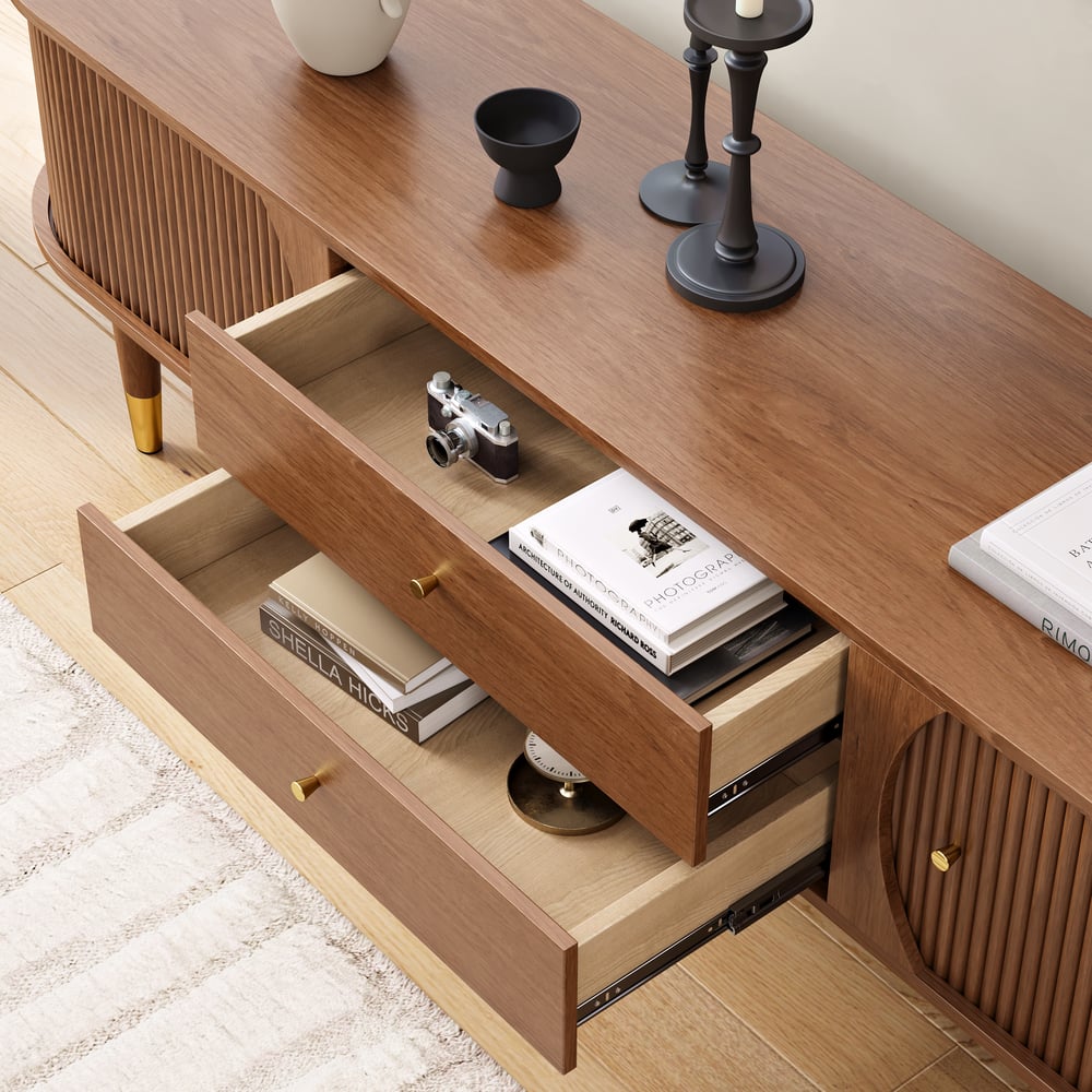 80" Ash Wood Fluted Walnut TV Stand with Storage window image