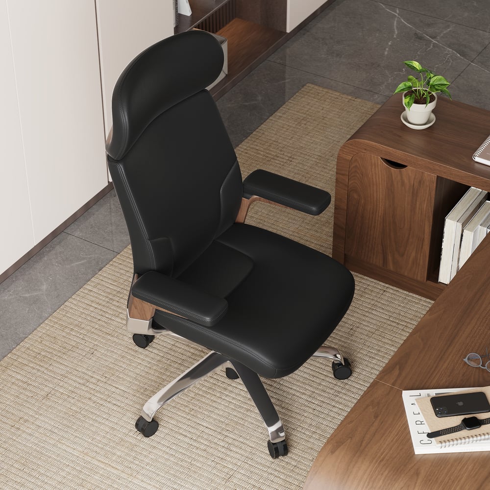 Black Genuine Leather Swivel Office Chair with Ergonomic Synchro-Tilt Recline System window image