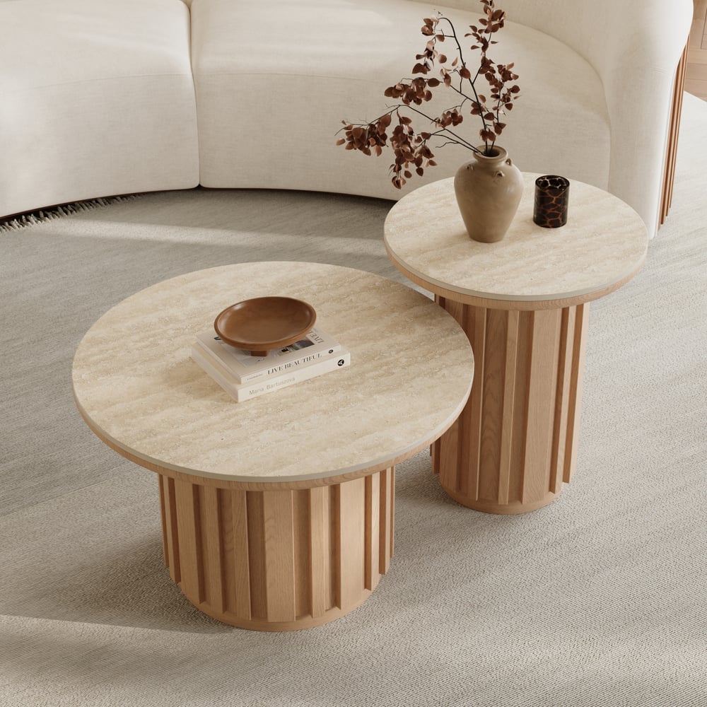 Aura 2 Piece Set Ash Wood Slatted  Round Coffee Table with Sintered Stone Top(20" - 28") window image