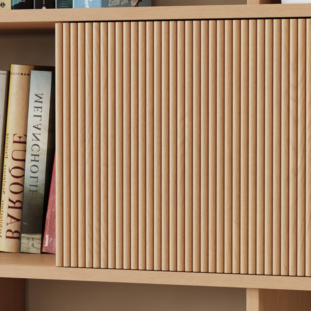 72.8" Natural Sliding Door Etagere Bookshelf 5-Shelf Tall Book Shelf Rich Storage window image