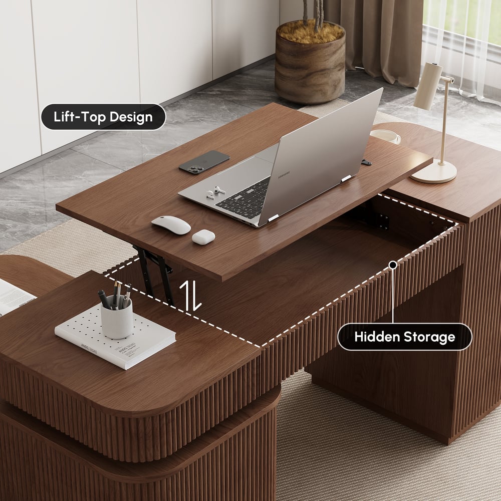 Modern 60" L-Shape Walnut Executive Desk with Drawers & Cabinet Right Hand window image