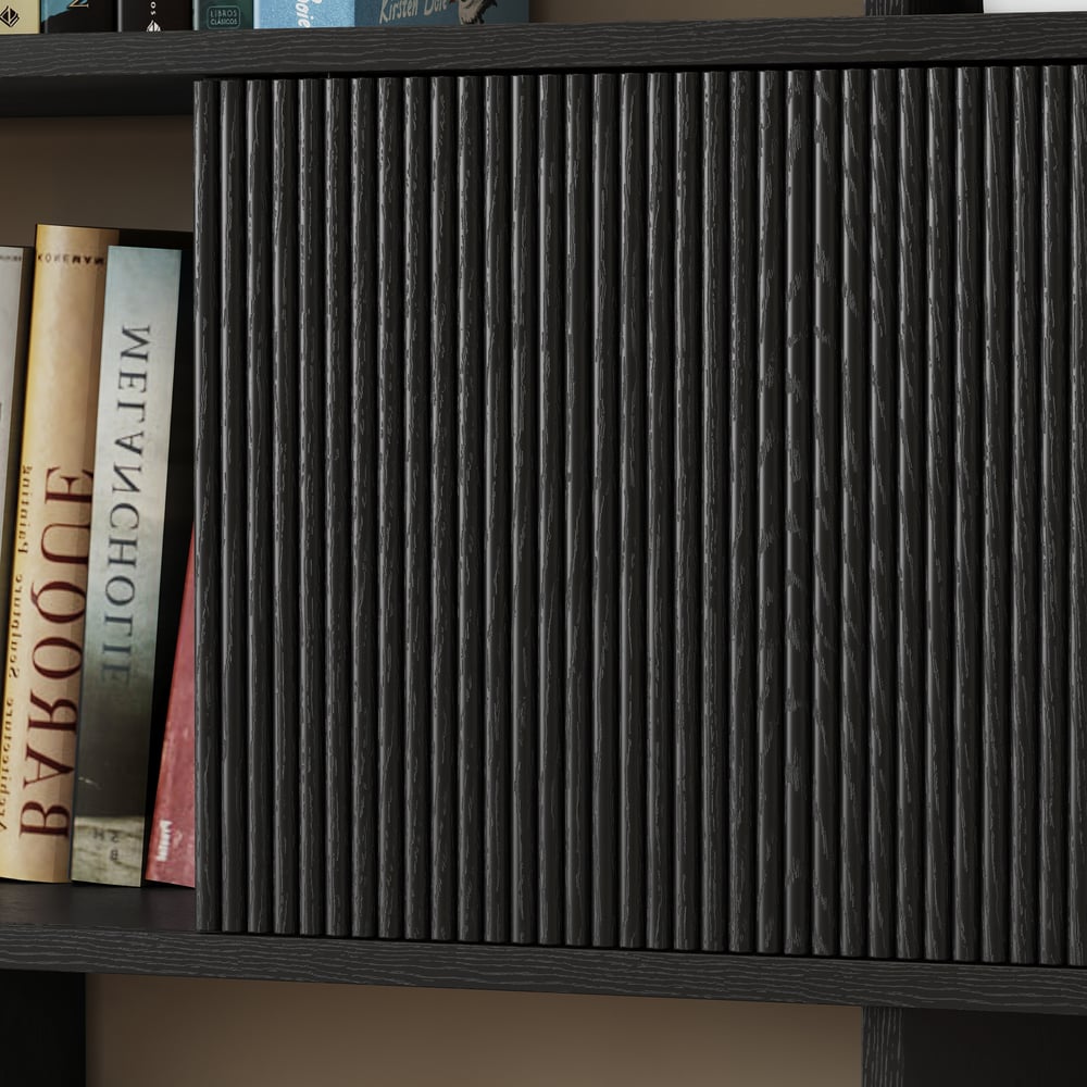 72.8" Black Sliding Door Etagere Bookshelf 5-Shelf Tall Book Shelf Rich Storage window image